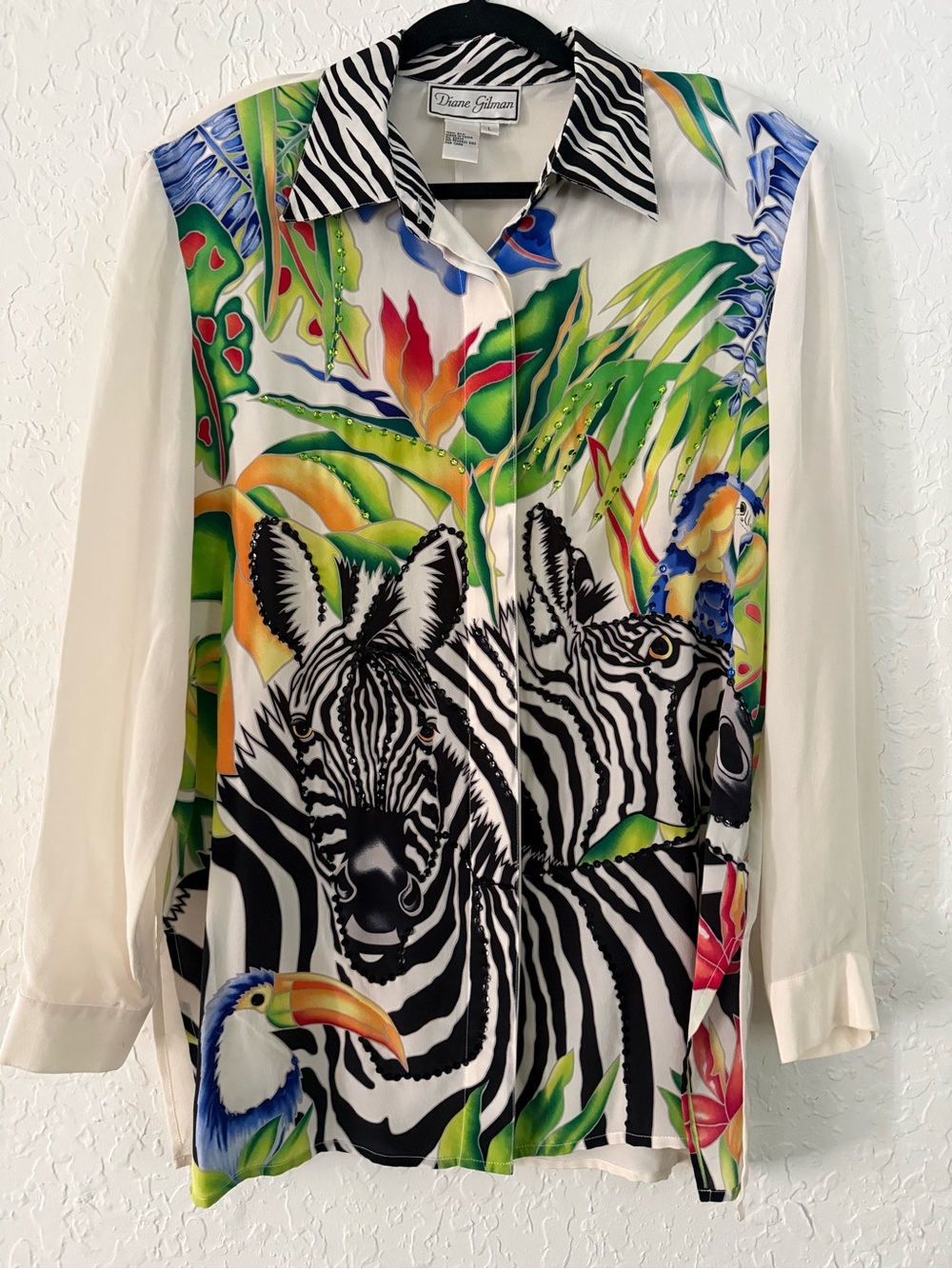 Diane Gilman Black & White Zebra Collar Floral Print Blouse